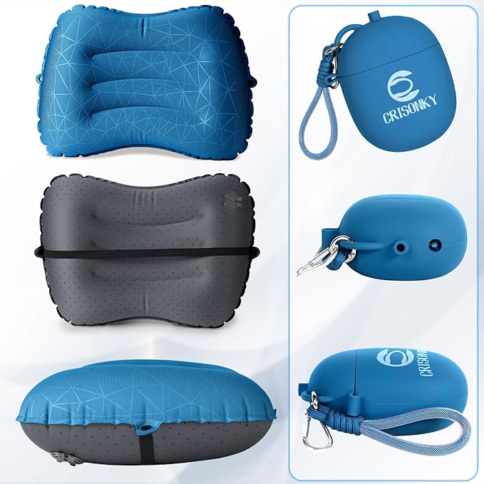 Camping Inflatable Pillow with 2-in-1 Silicone Air Pump Storage Bag – Ultralight Travel Pillow for Airplane, Lumbar Support, Dual Valve Easy Inflate, Compressible Ergonomic (Navy Blue)