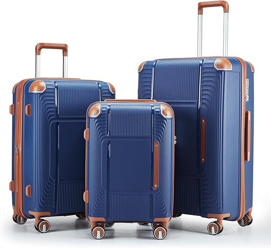 3 Piece Luggage Set PP Hardshell with YKK Zippers, 20/24/28 Inch Suitcases with Detachable Spinner Wheels & Reinforced Corner Guards, Lightweight TSA Lock Nested Set (Navy Blue)