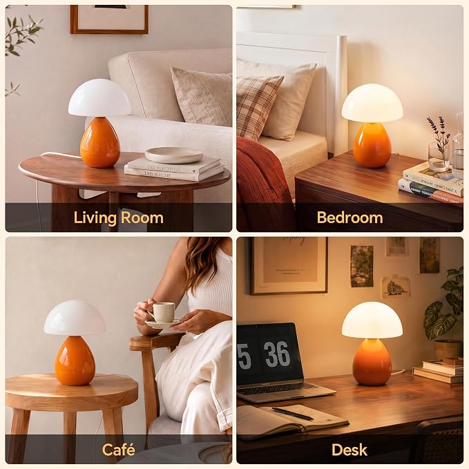 Mushroom Lamp Table Lamp for Bedroom,Ice Crackle Desk Lamp Bedside Small Lamps for Living Room Night Stands,Table Lamps Cute Modern Mid Century Lamps (Orange-Ice Crackle)