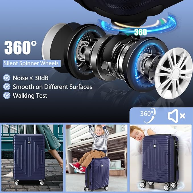 Hoteel Luggage Sets 5 Piece ABS+PC Hardside, 4-Year Warranty, Luggage Set with Dual-Spinner Wheels, TSA Lock, Lightweight Carry on Luggage, 20"/24"/28" Suitcase with Duffel & Organizer, Blue