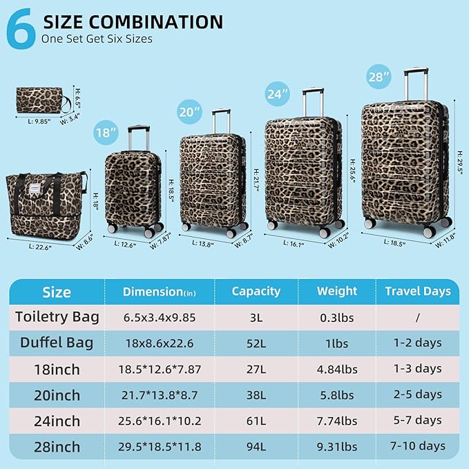LARVENDER Luggage Sets 6 Piece, Expandable Luggage Hardside PC+ABS Leopard Suitcase Sets with Spinner Wheels TSA Lock, Lightweight Rolling Suitcase for Men and Women, Cheetah Print