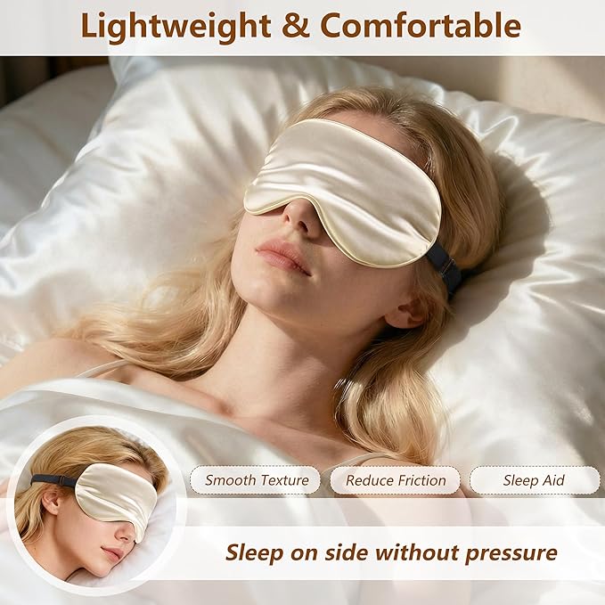 Sleep Mask Silk Eye Mask for Men Sleeping Mask, Adjustable Elastic Strap for Night Shading Sleep Mask, Soft and Comfortable for Both Men and Women (Champagne)