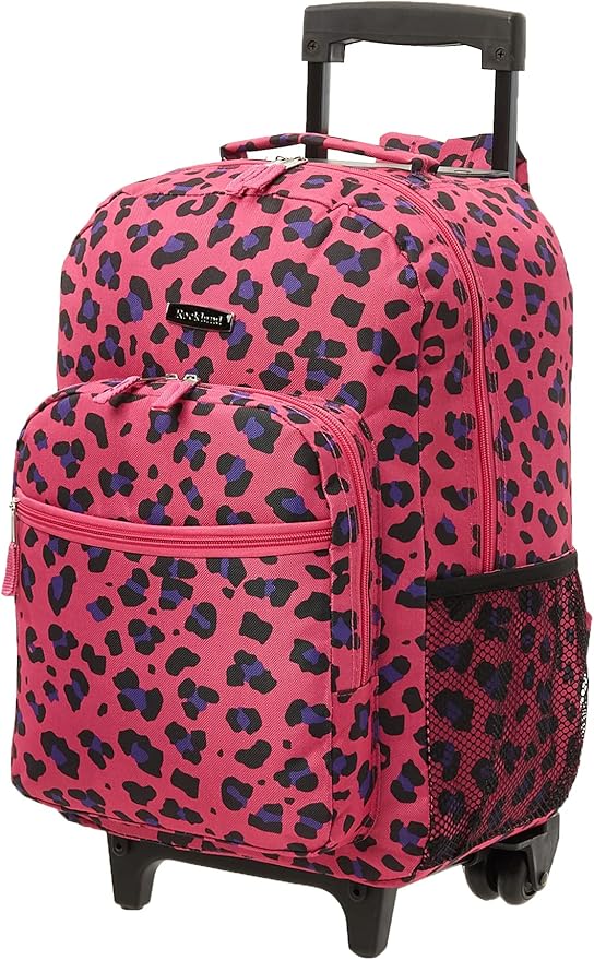 Rockland Double Handle Rolling Backpack, Magenta Leopard, 17"