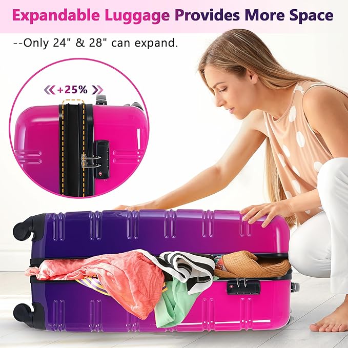 Merax Luggage Sets 3 Piece, Hardside Expandable Suitcase Set with Spinner Wheels, Lightweight Gradient 20+24+28 IN Suitcase with Carry on Luggage, Purple and Pink