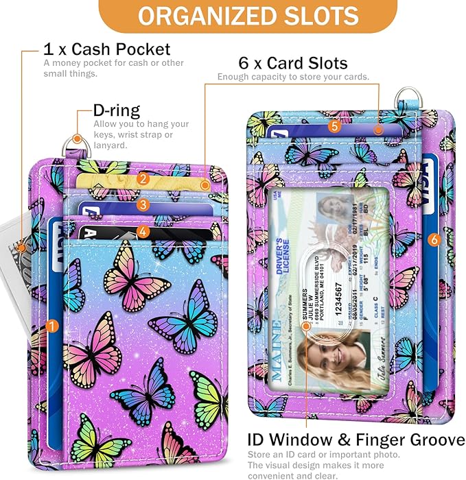 Yonlevres Credit Card Holder Slim Wallet, Butterfly RFID Wallet Women Front Pocket Small Card Holder, Travel Cute Funny Thin Card Case ID Window PU Leather RFID Blocking Card Organizer Gifts Girls