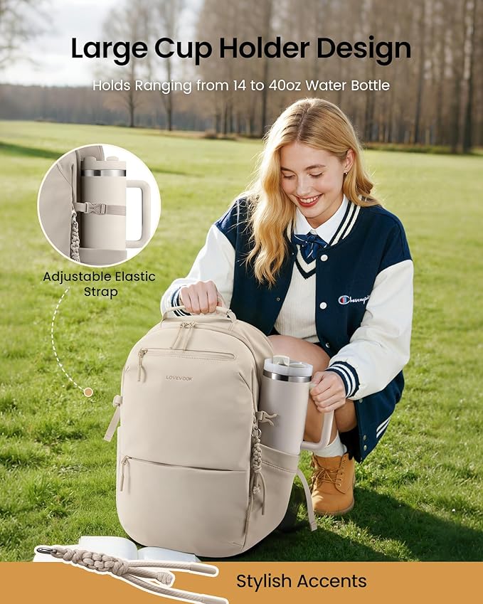 LOVEVOOK Laptop Backpack for Women with Giant Tumbler Holder - 15.6Inch Work Computer Travel Backpack with Laptop Compartment, Water Resistant, Cute Commuter College Teacher Nurse Purse Bag, Khaki