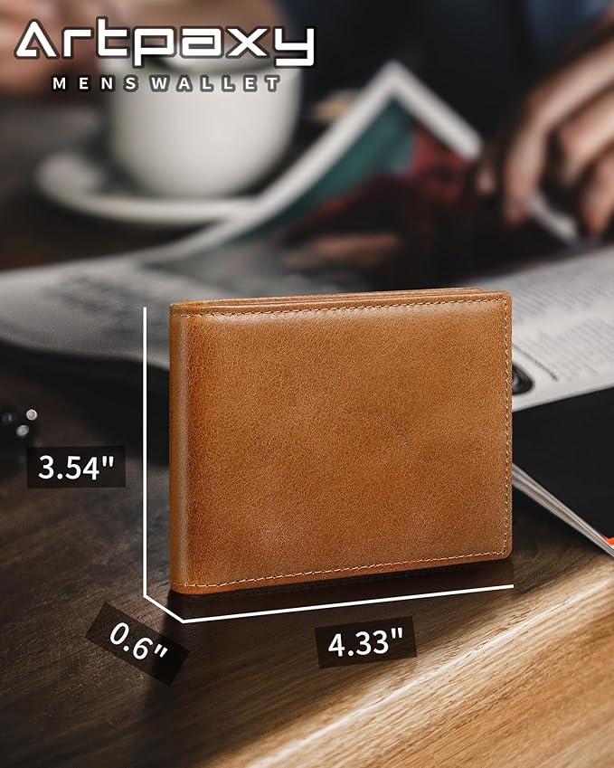 Artpaxy Mens Wallet Genuine Leather Bifold RFID Blocking Wallet for Men with 1 ID Window 13 Card Holders 2 cash pockets 1 Gift Box (Light Brown)