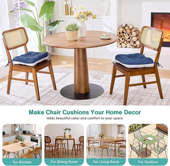 BETU Chair Cushions for Dining Chairs Set of 2,3.5" Thick Kitchen Table Chair Pads with Ties,Non Slip Backing and Covers, Seat Cushion for Dining Room,Bar,Patio Chairs,16"X16"X3.5",Navy Blue