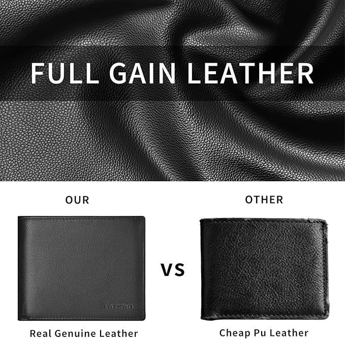 Mens Wallet - Genuine Leather Bifold RFID Blocking Slim Front Pocket Large Capacity with 10 Card Slots, 2 ID Windows & 2 Cash Pockets - Heavy Duty Stitched Gift for Men (Black)