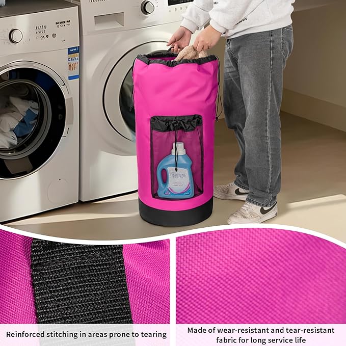 Laundry Bag Backpack with Shoulder Straps and Mesh Pocket Foldable Clothes Hamper Bag with Drawstring Closure for College, Apartment, Laundromat (Hot Pink)