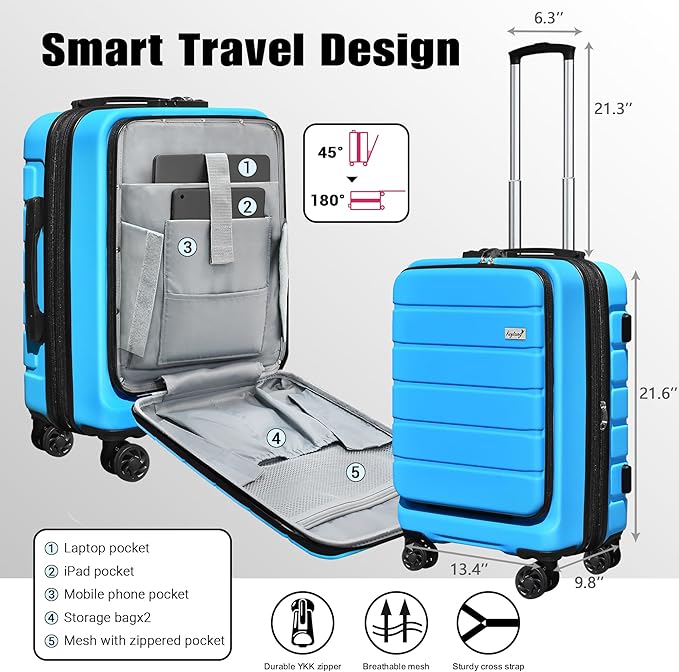 Explorer 20 Inch Carry On - Hardshell Suitcases with Front Pocket, Blue