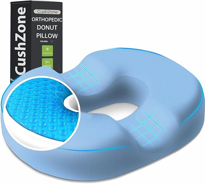 Donut Pillow Seat Cushion - Cooling Gel Outdoor Chair Cushions, Memory Foam Cushion for Office and Home, Car Seat and Patio Cushions, Hemorrhoids Pillow, Sciatica and Tailbone Pain Relief, Light Blue