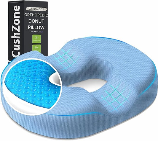 Donut Pillow Seat Cushion - Cooling Gel Outdoor Chair Cushions, Memory Foam Cushion for Office and Home, Car Seat and Patio Cushions, Hemorrhoids Pillow, Sciatica and Tailbone Pain Relief, Light Blue