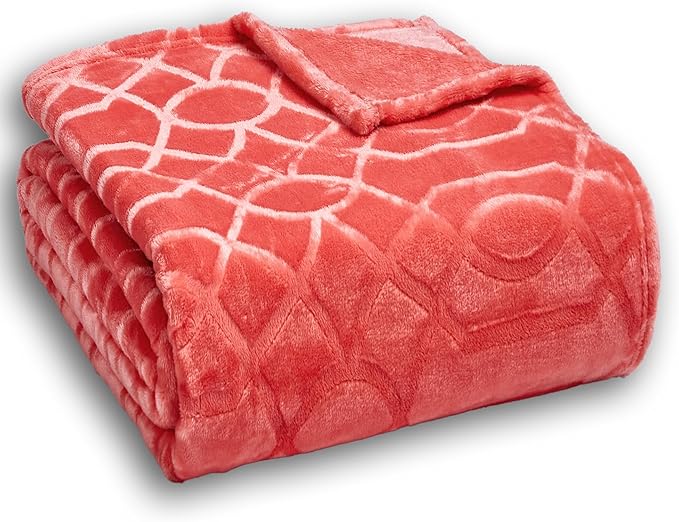 Soft Cozy Fleece Throw Blanket, 50x60 Inches – Lightweight Plush Blanket for Couch, Fuzzy 3D Jacquard Design, for Sofa, Bed & Travel - Coral