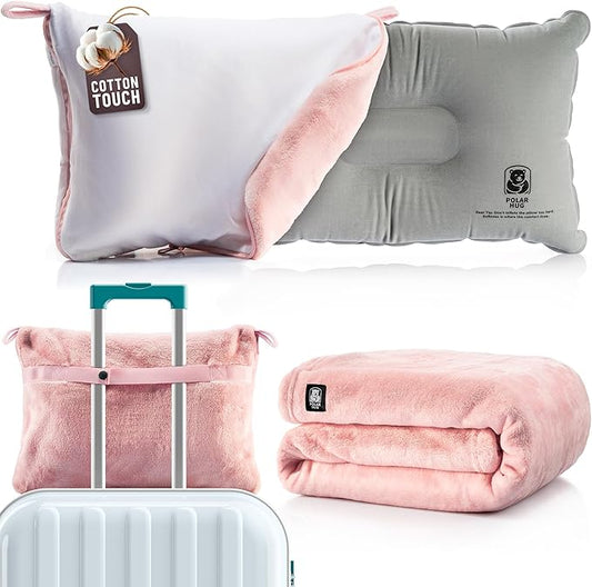 Travel Blanket and Pillow Set — Airplane Blanket with Inflatable Pillow and Cotton Case, Compact Travel Blanket with Back-Neck Snaps for Long Flights