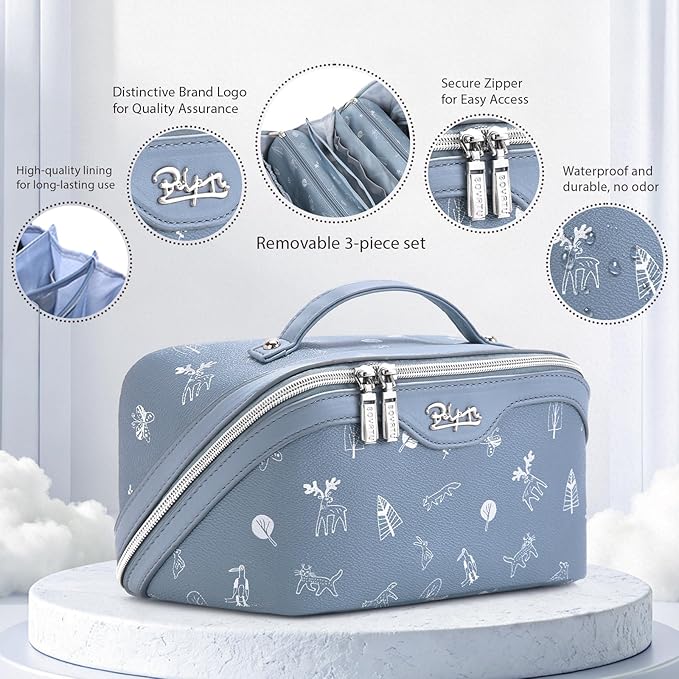 BOYATU Travel Makeup Bag Cosmetic Bags for Women: 3 Pcs Set Portable Make up Bag with Handle - PU Leather Toiletry Bags with Compartments - Makeup Organizer for Travel Essentials(L-2-Blue)