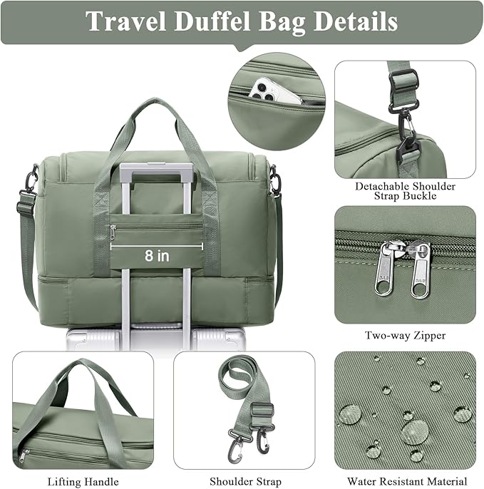 Extra Large Travel Duffle Bag,Carry on Overnight Weekend Bag with Shoes Compartment,Weekender Bags for Women for Travel Business Trips Sport Hospital,3 Pcs Set,Olive Green