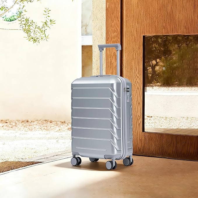 20 Inch Carry On Luggage, Lightweight ABS Hard Shell Suitcase with Spinner Wheels, Durable Travel Luggage with Combination Lock & Side Hooks for Men Women, Silver