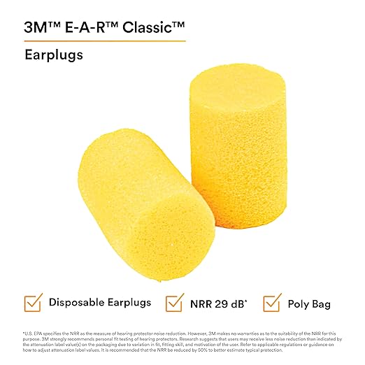 3M Ear Plugs, E-A-R Classic 312-1201, 200 Pairs of Disposable Earplugs, 1 Pair/Poly Bag, Uncorded, Noise Reduction Rating 29 dB NRR, Foam, Regular Size, Roll Down, Compliant with ANSI/ASA S12.71-2018