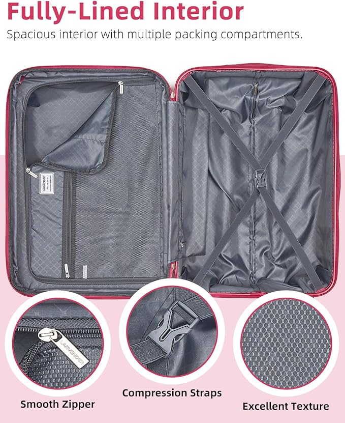 LARVENDER Luggage Sets 6 Piece Hardside Expandable Suitcase with Wheels TSA Lock, PC+ABS Hardshell Lightweight Travel Luggage Sets for Women, Glossy Verry Berry, 6 Piece Set