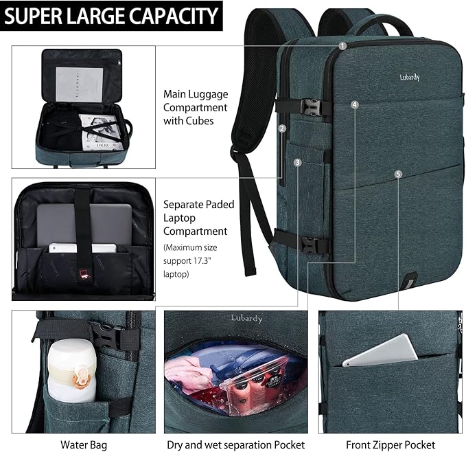 Lubardy Travel Backpack for Men Women 17 Inch Flight Approved Carry on Backpack Waterproof Large 40L Luggage Daypack Business College Weekender Overnight Laptop Backpack with 3 Packing Cubes, Blue