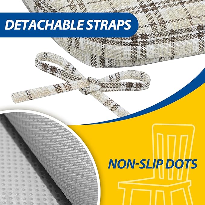 AAAAAcessories D-Shaped Chair Cushions, 2" Thick Dining Chair Pads with Ties and Removable, Machine-Washable Cover, 17" x 16", Set of 8, Yellow Checkered