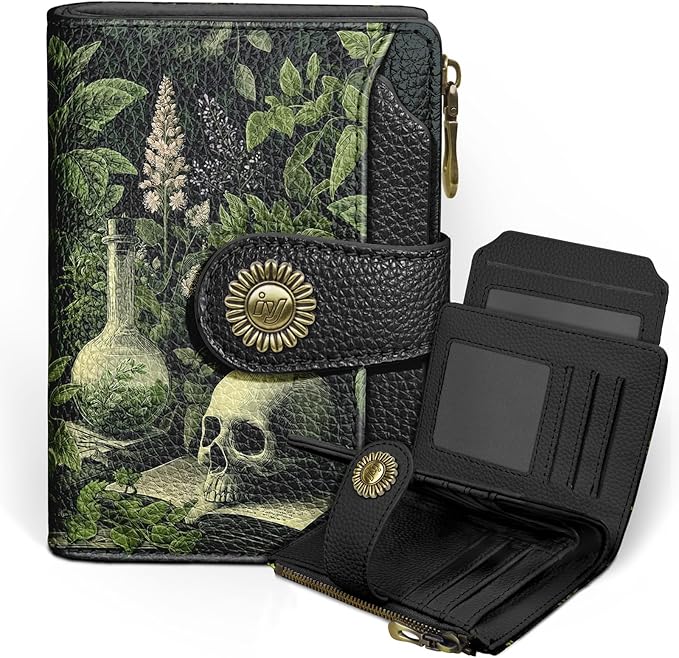 Icycay Goth Gothic Skull Small Wallet Women RFID Blocking Bifold, Credit Card Holder, Zipper Coin Pocket, Funny Witchy, Compact, Travel, PU Leather, 4 ID Window 14 Card Slots, Cash Purse, Ladies Woman