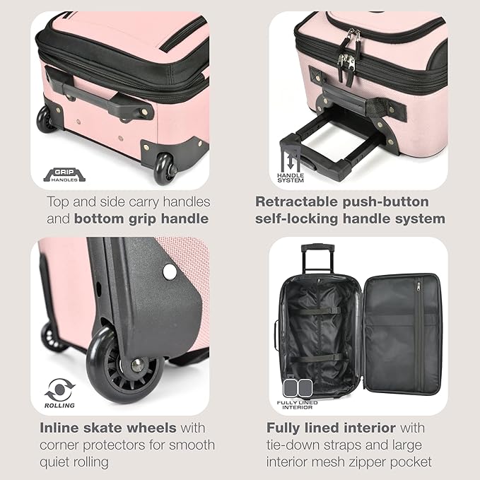 U.S. Traveler Rio Lightweight Softside Rolling Carry-on Suitcase, 2-Wheel Single, Pink