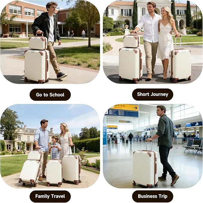 4 Piece Hardshell Luggage Set for Weekend Getaways & Family Travel ABS+PC Lightweight Hardside Durable Travel luggage sets Suitcases with Spinner Wheels YKK Zipper TSA Lock (14/20/24/28 White)