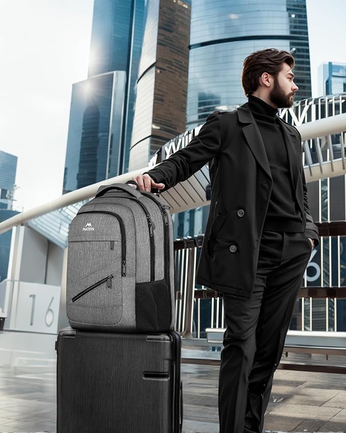 MATEIN Travel Laptop Backpack, 17 Inch Work TSA Approved Carry on Backpack, Large Computer Business Bag for Men Women with Trolley Sleeve and Anti Theft Pocket, College School Rucksack Book Bag, Grey