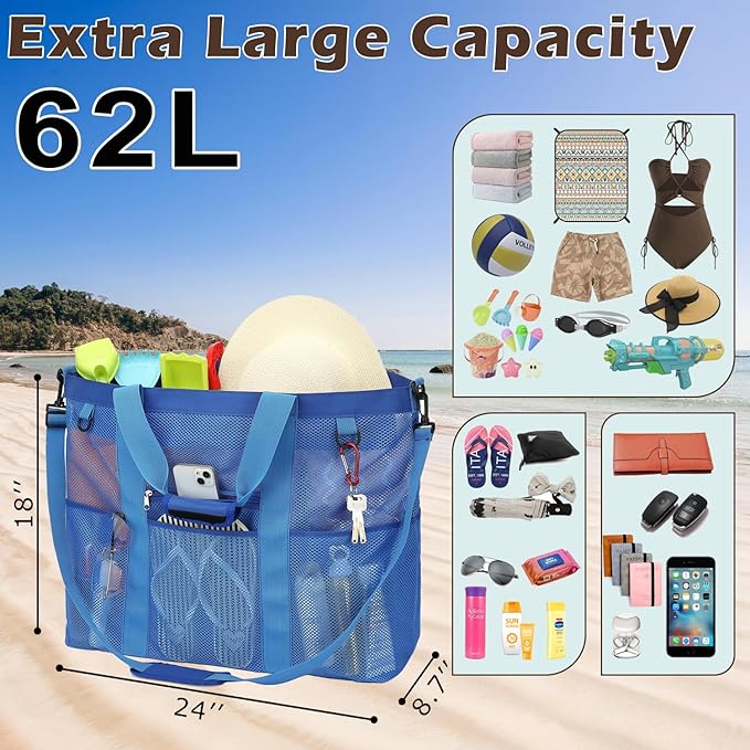 Fammart Mesh Beach Bag, Large Beach Tote with Zipper Pocket, Toys Pool Bag for Family Travel Vacation Cruise Essentials
