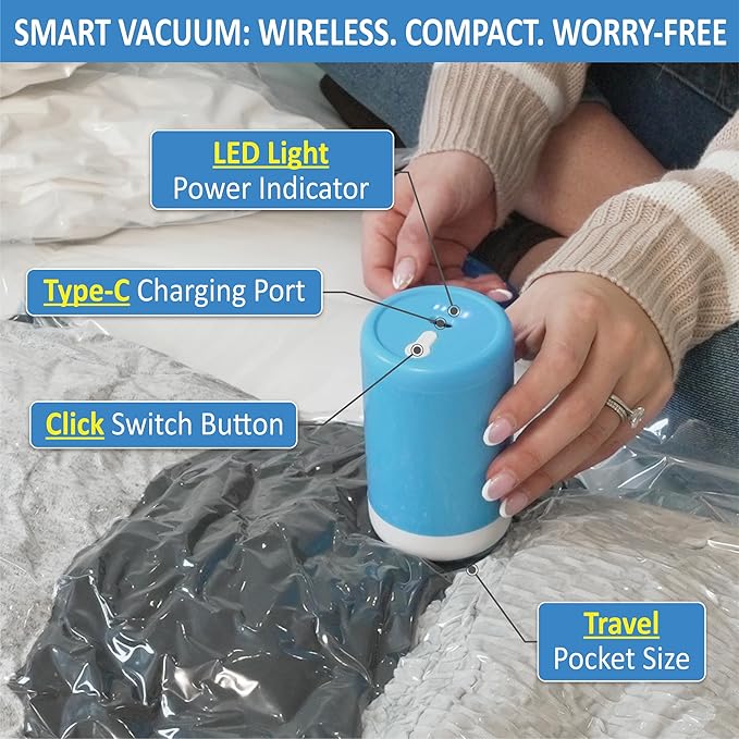 Cozy Essential Travel Vacuum Storage Bags with Rechargeable Cordless Electric Pump, Space Saver Bags for Luggage, Suitcase, Carry-On, for Clothes, Blankets, Comforters, Pillows, 10 Combo