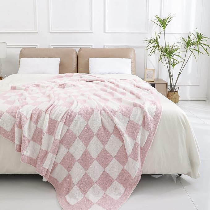 bearberry Fuzzy Checkerboard Grid Throw Blanket Soft Cozy Warm Microfiber Bed Blanket Decor for Couch Sofa Bed Travel Home (Pink, 60''x80'')