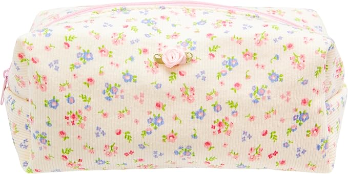 PAZIMIIK Cozy Makeup Bag Travel Cosmetic Bag for Women Soft Toiletry Bag Aesthetic Makeup Organizer Portable Large Zipper Pouch for Skincare Beauty Accessories Brushes Ribbing Floral Beige