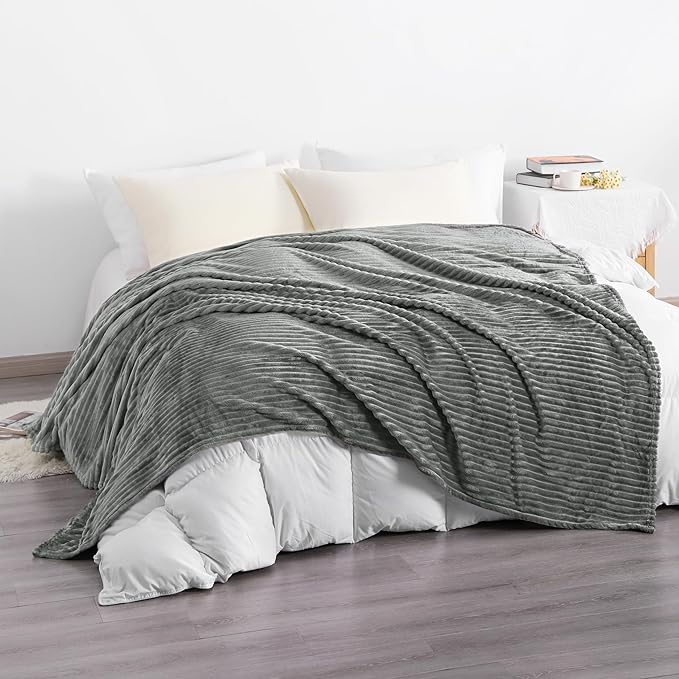 NTBAY Plush Flannel Twin Bed Blanket, 60X80 Inches Soft and Warm Lightweight Blanket with Striped Texture Bed Blanket for Couch Sofa Bed All Seasons, 60"x80", Grey