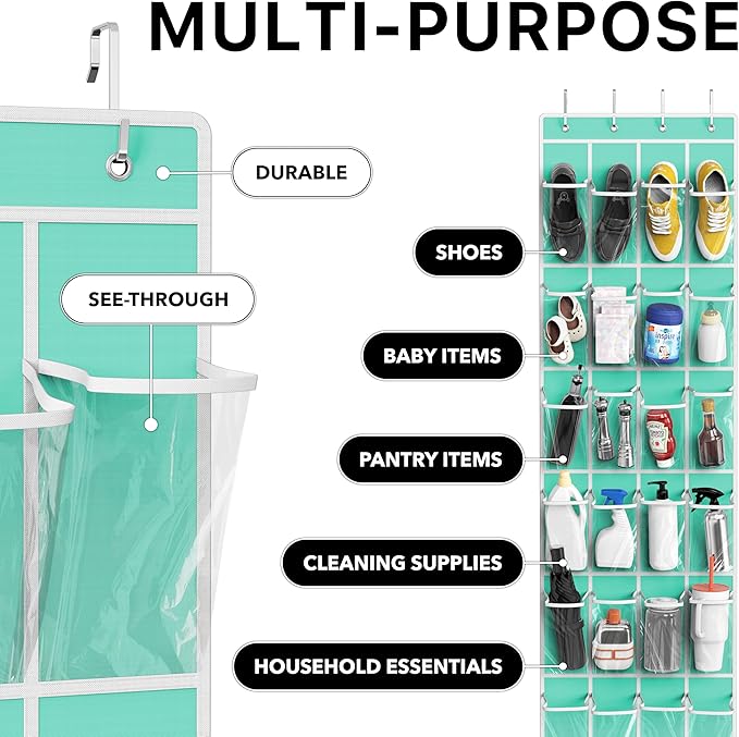 Simple Houseware 24 Pockets - Crystal Clear Over The Door Hanging Shoe Organizer, Turquoise (64'' x 19'')