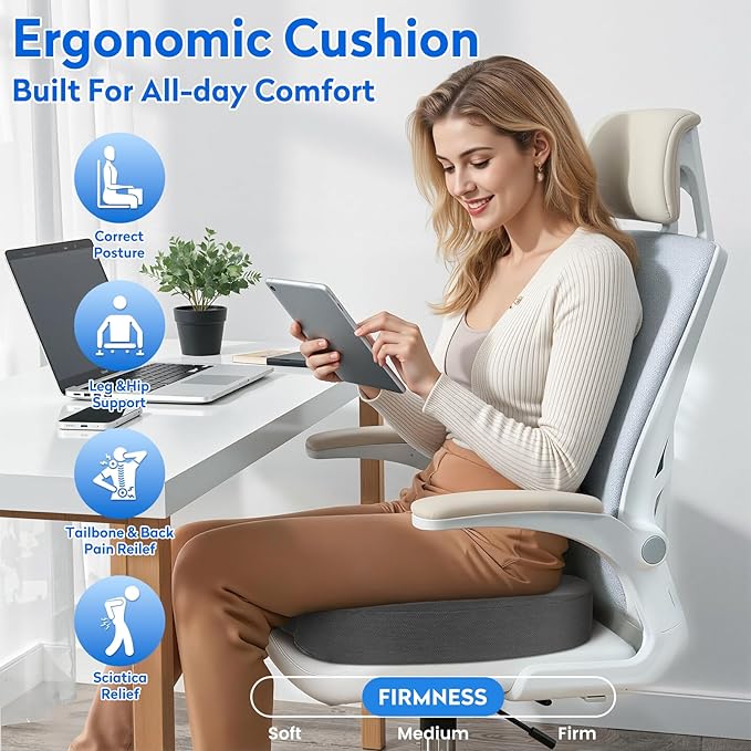 Seat Cushion, Office Chair Cushions, Car Seat Cushion, Non-Slip Sciatica & Back Coccyx Tailbone Pain Relief Chair Pad, Memory Foam Pillow for Computer Desk, Wheelchair, Driving(Grey)
