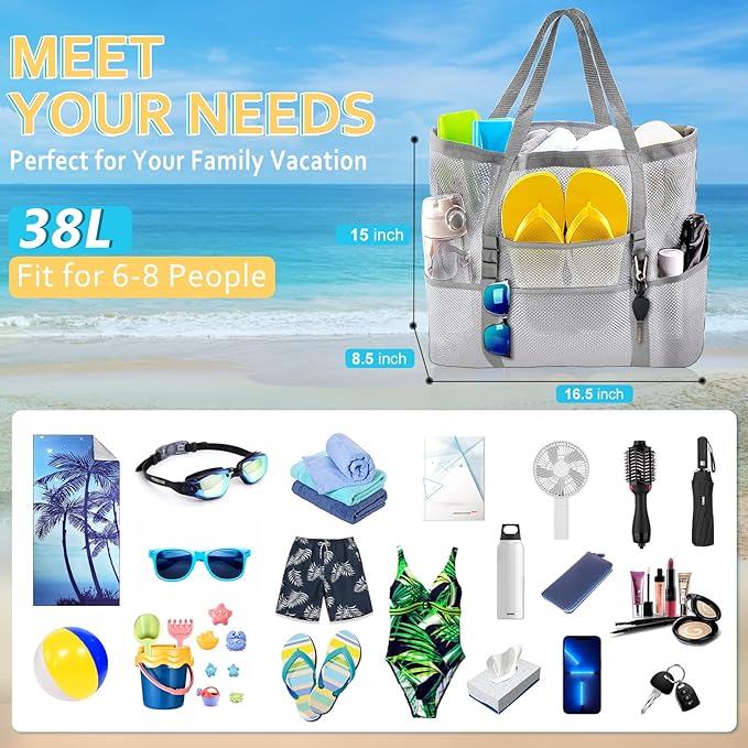 SRISE Mesh Beach Bag - Large Beach Tote Bag for Family Beach Bag for Toys & Vacation Essentials