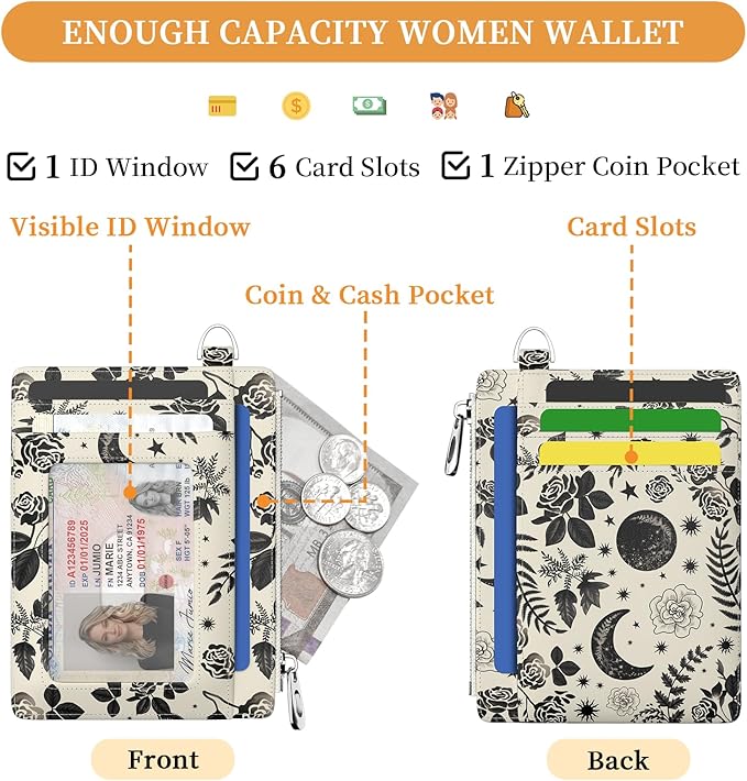 Hancynir Goth Moon Floral Slim Wallet Women Credit Card Holder, RFID Blocking Front Pocket Wallet Wristlet Keychain Lanyard, Small Cute Mini Card Case, Thin Travel Zipper Coin PU Leather Ladies Gifts