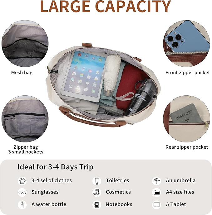 Oeihuivt Weekender Bags for Women - 21 Inch Large Travel Duffel Bag 2-Piece Set with Shoe Compartment, Heavy-Duty Canvas Leather Carry On Overnight Tote