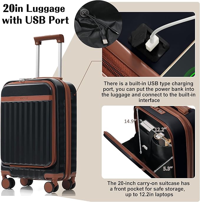 Hardshell Luggage, Lightweight Suitcase with Spinner Wheels, BLACK+USB