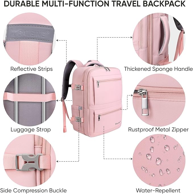 BALEINE Travel Backpack for Women Men, Large Sturdy Carry On Laptop Backpack Gifts for Business, Casual, Weekender, Hiking (Large, Pink)
