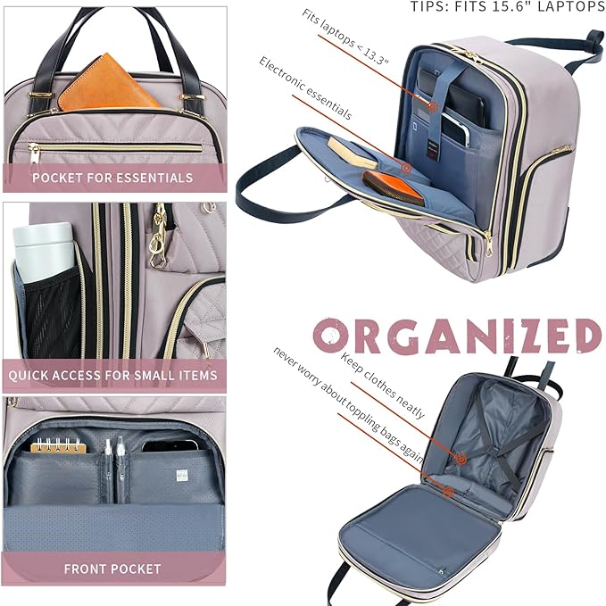 KROSER Carry On Underseat Multi-functional, 16-inch Underseater Lightweight Overnight Suitcase for Women, Dusty Pink/Gold