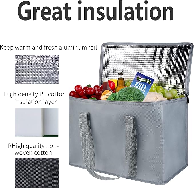 3-Pack XL-Large Insulated Grocery shopping bags, gray, Reusable, Heavy Duty, zipped zipper,Collapsible,tote,cooler,for men,women,,for car,Recycled Material Grey
