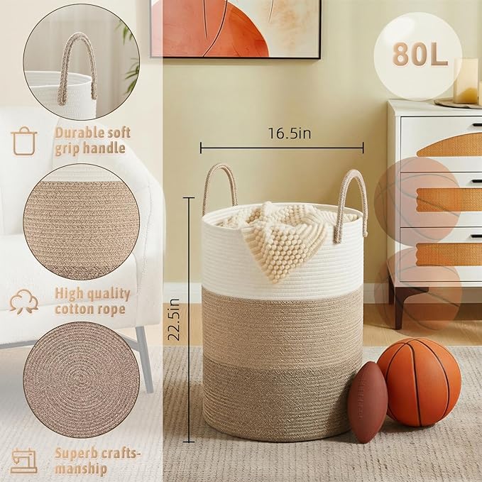 Laundry Basket,Woven Cotton Rope Laundry Hamper,80L for Decorative Storage of Dirty Clothes,Toys and Blankets in Bathroom,Bedroom and Living Room
