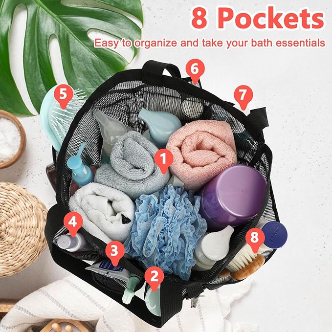 Fammart Mesh Shower Caddy Portable for College Dorm Room Essentials, 8-Pocket Large Shower Basket Tote Bag with 2 Handles for Toiletry, Bathroom, Beach, Camp, Gym