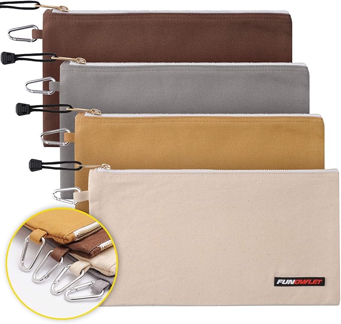 FunOwlet Utility Bag, Canvas Zipper Tool Bags - Heavy Duty Tools Pouch with Carabiner, Multi-Purpose Storage Organizer Clip on Tote Pouches in White, Gray, Tan, Brown, 4 Pack