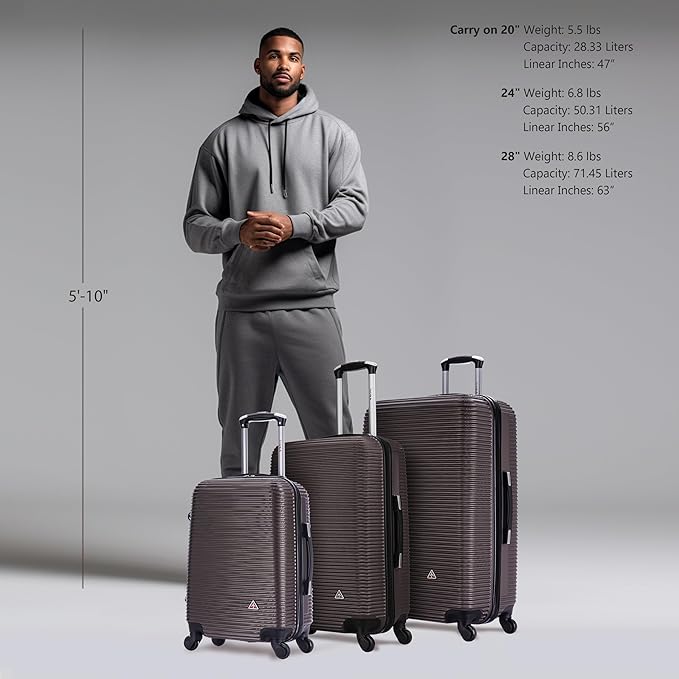 InUSA ROYAL Hardside Luggage Set with Spinner Wheel | Spacious Travel Suitcases with Ergonomic GEL Handle and Studs | (20/24/28) 3 Piece Luggage Set | Brown