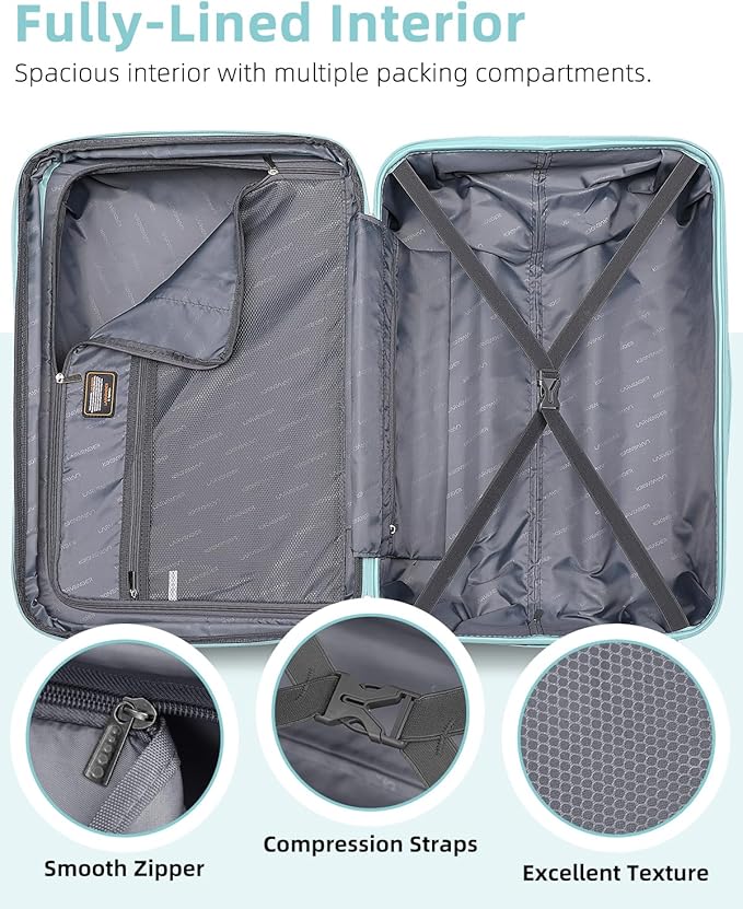 LARVENDER Carry on Luggage 22x14x9 Airline Approved, 20 Inch Hardside Suitcase with Wheels TSA Lock, PC+ABS Lightweight Travel Luggage Sets for Women, Glossy Sky Blue, 3 Piece Set