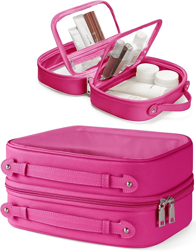 Clear Cosmetic Bag Double Layer Travel Toiletry Bag Clear Makeup Bag Case with 4 Compartments, Transparent Travel Bag for Toiletries, Large Toiletry Bag for Women Cosmetic Case (Hot Pink, Large)